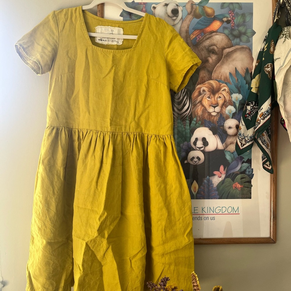 NotPerfectLinen Odessa Dress in Grenish Mustard
